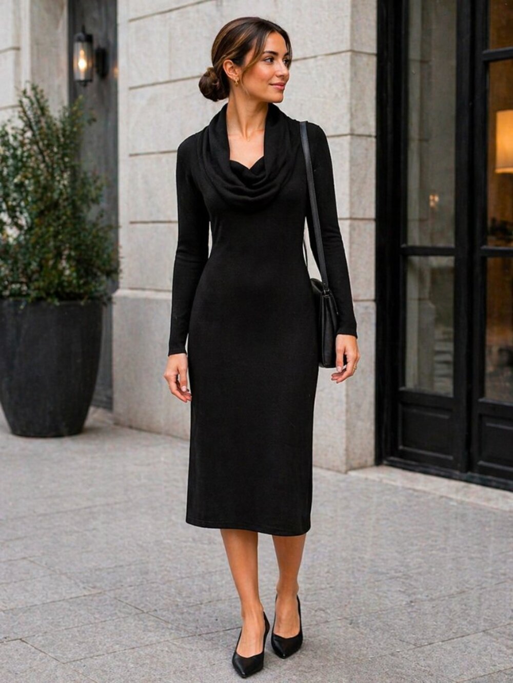 Connected Apparel Black Cowl Neck Sweater Dress Small